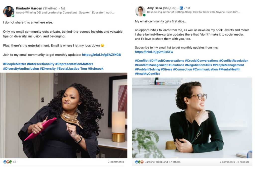 Left: LinkedIn post by Kimberly Harden, inviting people to join her email list. Right: LinkedIn post by Amy Gallo, inviting people to join her email list.
