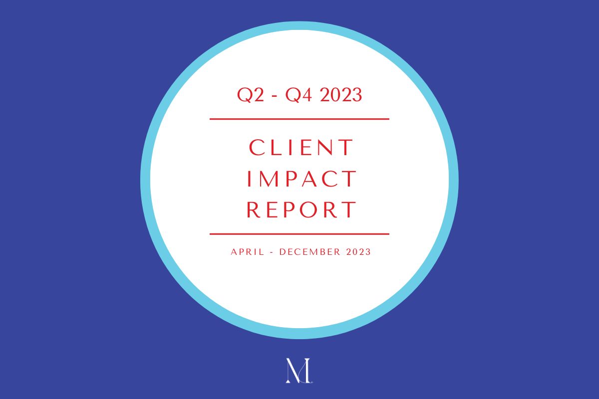 In a white circle in the center of a deep blue background read the words "Q2-4 2023 Client Impact Report April-December 2023". Below is a stylized white M, the logo for Medusa Media Group