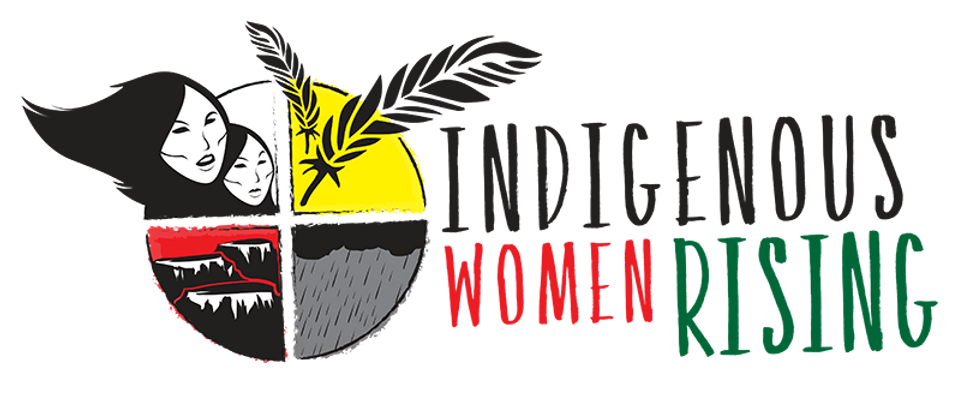 Indigenous Women Rising. Logo on the left depicts a woman and child, two feathers, rain and mountains