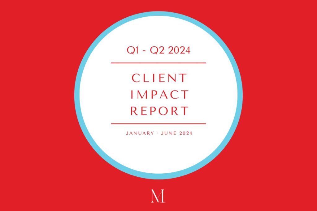 In a white circle in the center of a red background read the words "Q1-Q2 2024 Client Impact Report January-June 2024". Below is a stylized white M, the logo for Medusa Media Group