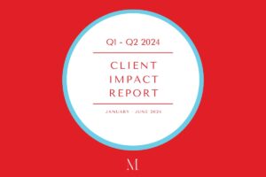 In a white circle in the center of a red background read the words "Q1-Q2 2024 Client Impact Report January-June 2024". Below is a stylized white M, the logo for Medusa Media Group