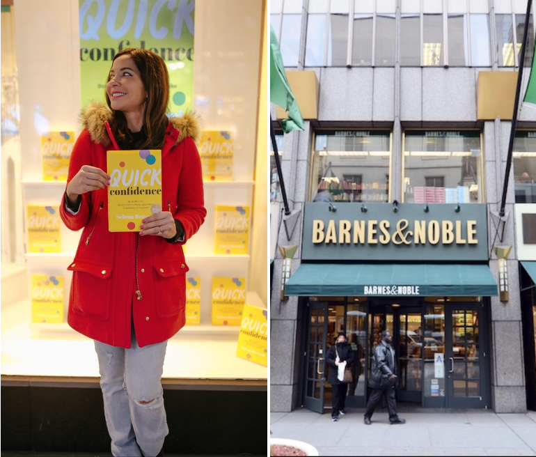 Selena Rezvani wears a red winter coat and holds her book "Quick Confidence" in front of a display of her books in Barnes & Noble